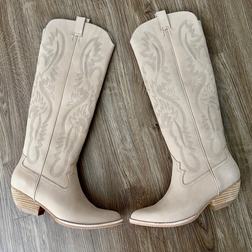 ✨New JEFFREY CAMPBELL Calvera 2k Western Tall Boots Nubuck Beige Womens 8M - Picture 8 of 15